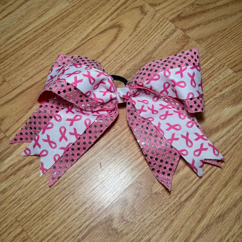 Breast Cancer Awareness Pink Ribbon Cheerleading Bow Hair Tie Glitter Sequins